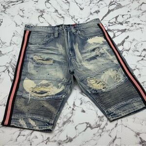 Men's Makobi Indigo | Pink | Black Ripped Washed Denim Shorts NWT